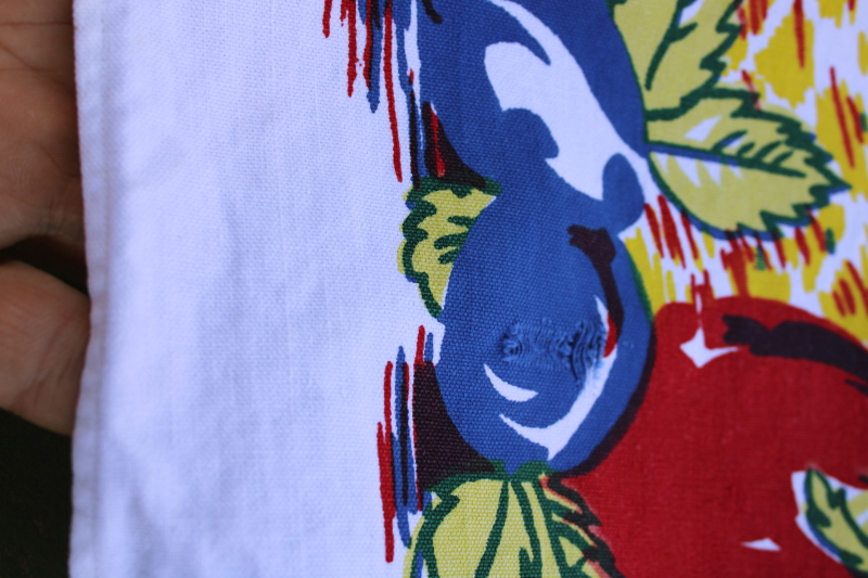 photo of 1950s vintage fruit print tablecloth, small kitchen table size bright retro colors on white  #6