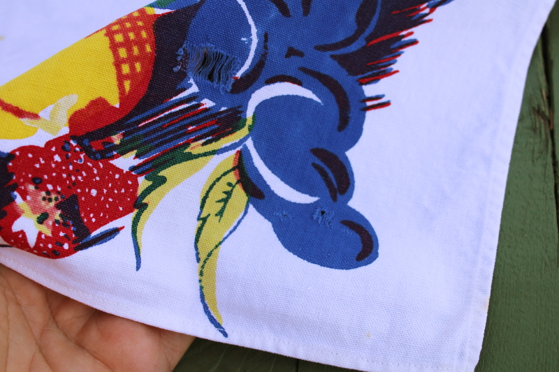 photo of 1950s vintage fruit print tablecloth, small kitchen table size bright retro colors on white  #7