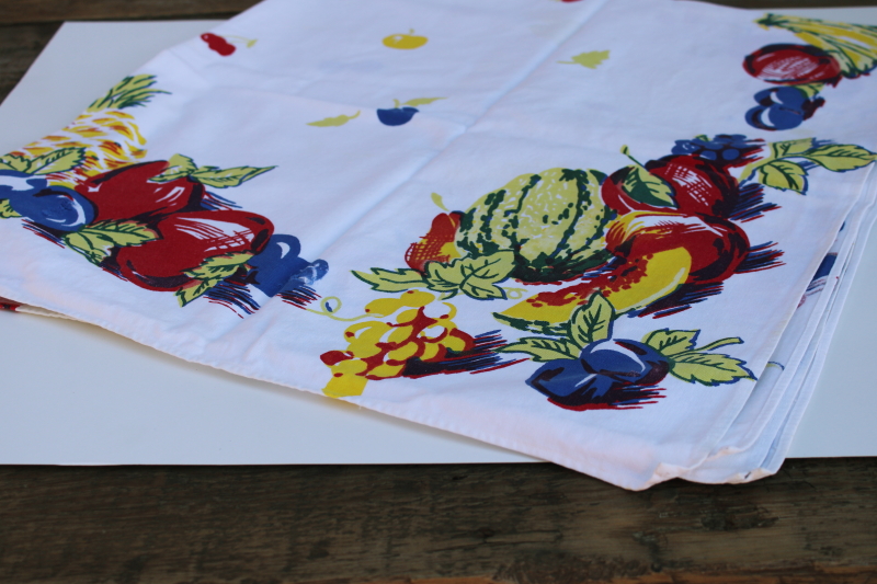 photo of 1950s vintage fruit print tablecloth, small kitchen table size bright retro colors on white  #8