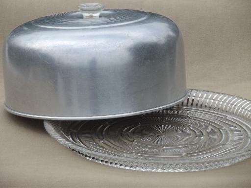 photo of 1950s vintage glass cake plate w/ large aluminum cake cover dome #1
