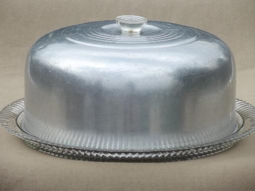 photo of 1950s vintage glass cake plate w/ large aluminum cake cover dome #2