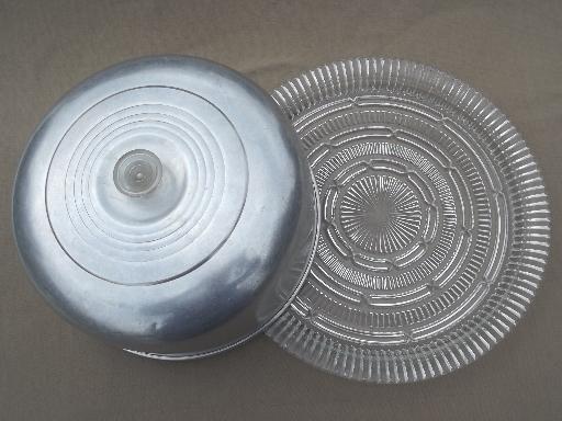 photo of 1950s vintage glass cake plate w/ large aluminum cake cover dome #5