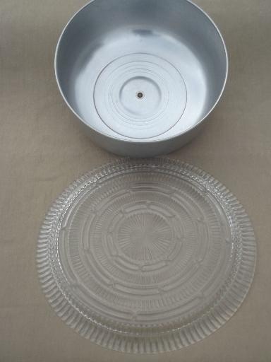 photo of 1950s vintage glass cake plate w/ large aluminum cake cover dome #6