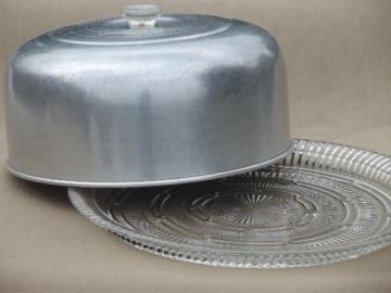 catalog photo of 1950s vintage glass cake plate w/ large aluminum cake cover dome