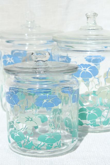 photo of 1950s vintage glass canister jars w/ heavenly blue morning glories, morning glory flowers #1