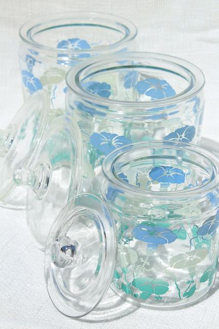 photo of 1950s vintage glass canister jars w/ heavenly blue morning glories, morning glory flowers #2