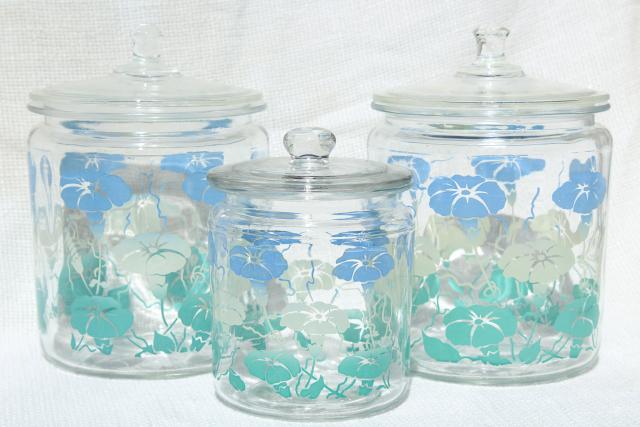 photo of 1950s vintage glass canister jars w/ heavenly blue morning glories, morning glory flowers #3