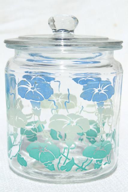 photo of 1950s vintage glass canister jars w/ heavenly blue morning glories, morning glory flowers #4