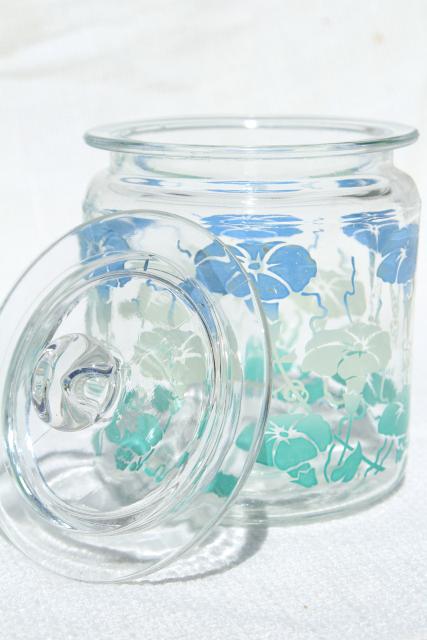photo of 1950s vintage glass canister jars w/ heavenly blue morning glories, morning glory flowers #5
