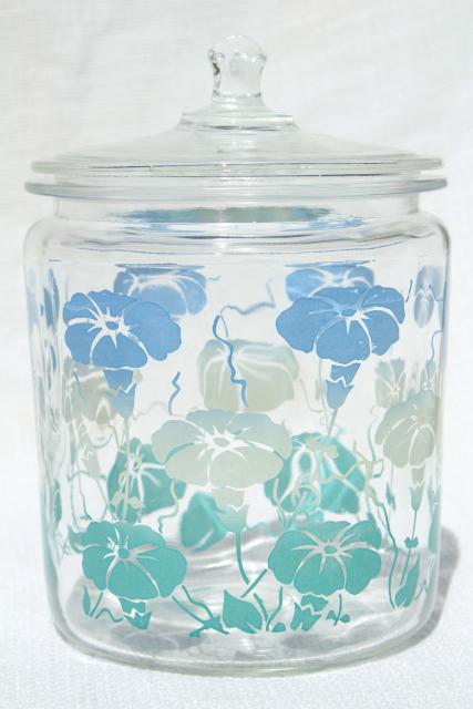 photo of 1950s vintage glass canister jars w/ heavenly blue morning glories, morning glory flowers #6
