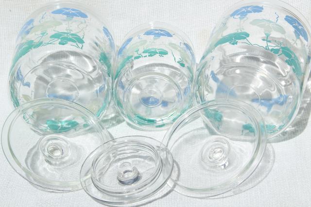 photo of 1950s vintage glass canister jars w/ heavenly blue morning glories, morning glory flowers #9
