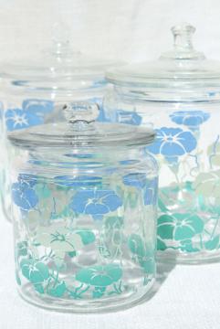 catalog photo of 1950s vintage glass canister jars w/ heavenly blue morning glories, morning glory flowers