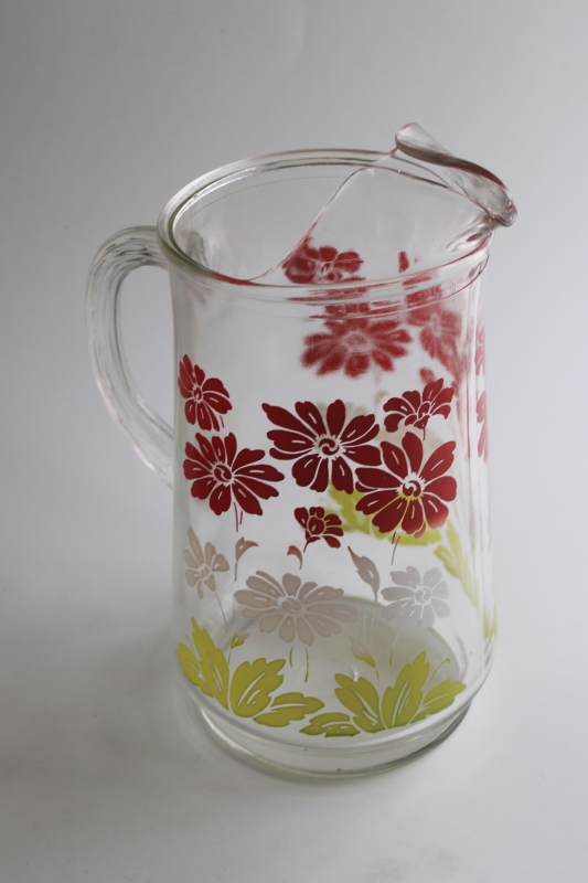 photo of 1950s vintage glass lemonade pitcher with retro flowered print, red & white w/ green  #1