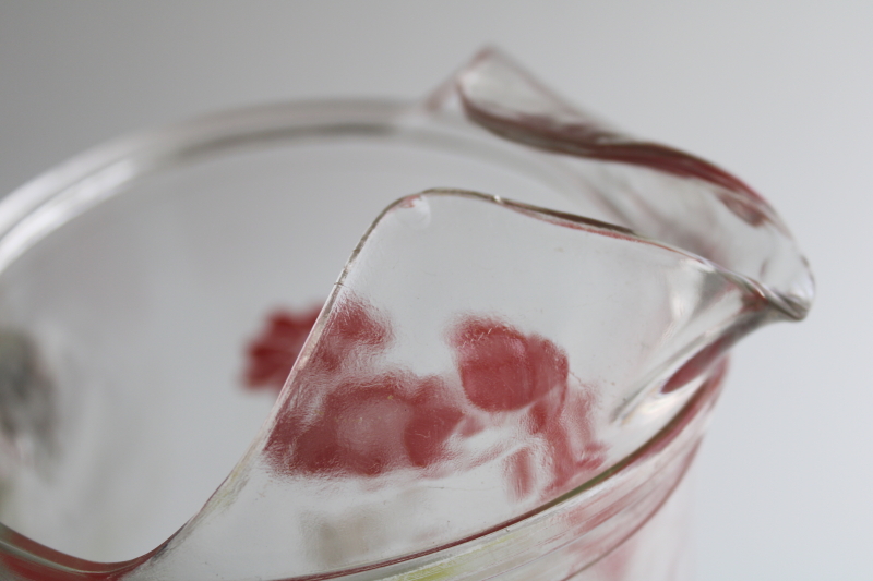 photo of 1950s vintage glass lemonade pitcher with retro flowered print, red & white w/ green  #2