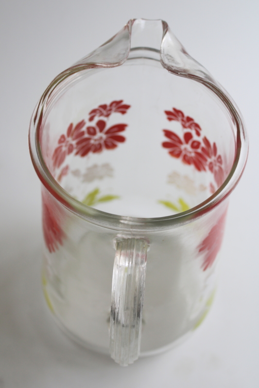 photo of 1950s vintage glass lemonade pitcher with retro flowered print, red & white w/ green  #3