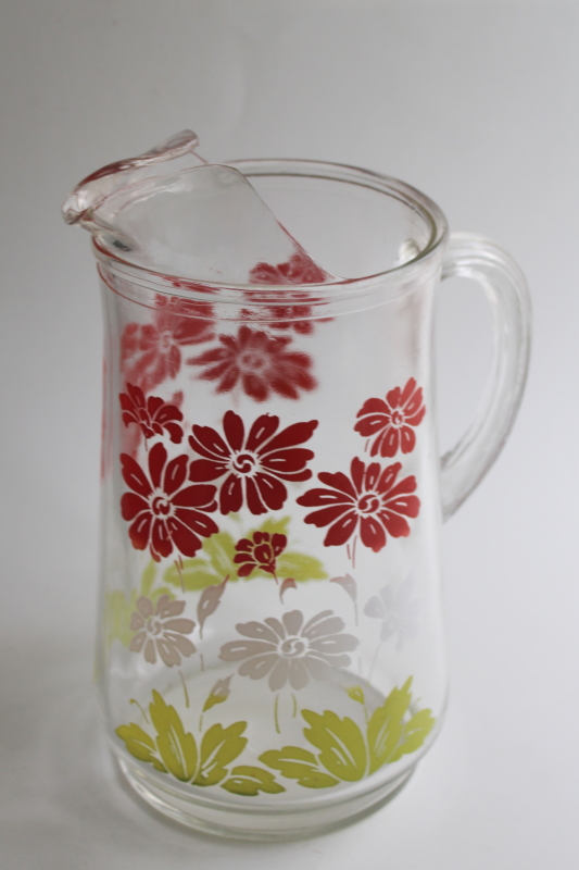 photo of 1950s vintage glass lemonade pitcher with retro flowered print, red & white w/ green  #5