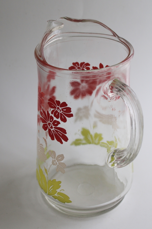 photo of 1950s vintage glass lemonade pitcher with retro flowered print, red & white w/ green  #6