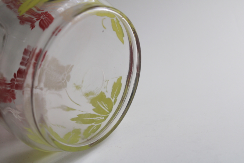 photo of 1950s vintage glass lemonade pitcher with retro flowered print, red & white w/ green  #7