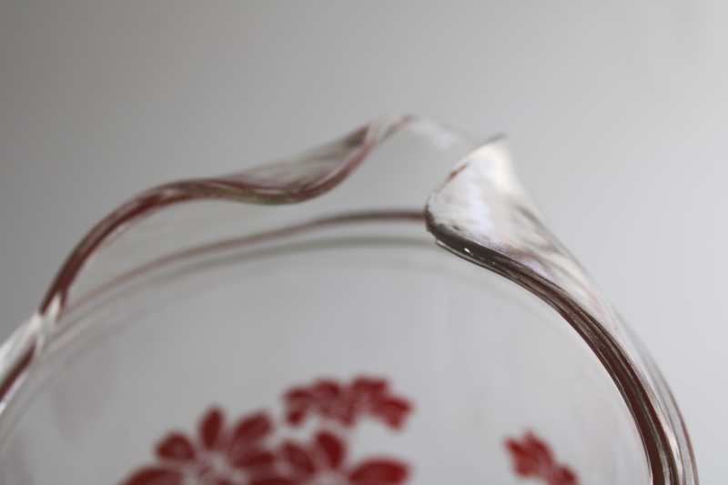 photo of 1950s vintage glass lemonade pitcher with retro flowered print, red & white w/ green  #8