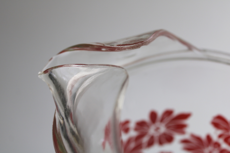 photo of 1950s vintage glass lemonade pitcher with retro flowered print, red & white w/ green  #9