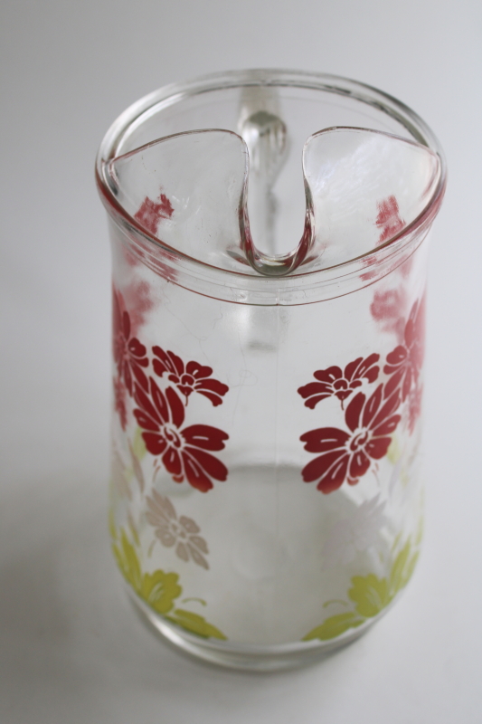 photo of 1950s vintage glass lemonade pitcher with retro flowered print, red & white w/ green  #10