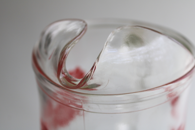 photo of 1950s vintage glass lemonade pitcher with retro flowered print, red & white w/ green  #11