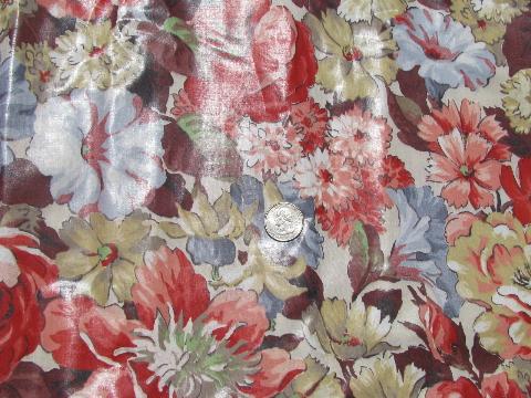 photo of 1950s vintage glazed cotton chintz fabric, large scale flowers floral print #1