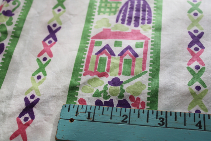 photo of 1950s vintage glazed cotton fabric, modernist arty print, figures & scenes in bold colors  #3