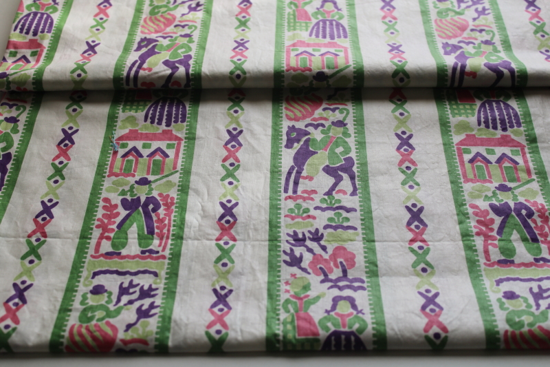 photo of 1950s vintage glazed cotton fabric, modernist arty print, figures & scenes in bold colors  #5