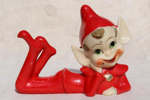 photo of 1950s vintage hand painted ceramic pixies, elf on the shelf figurines #9