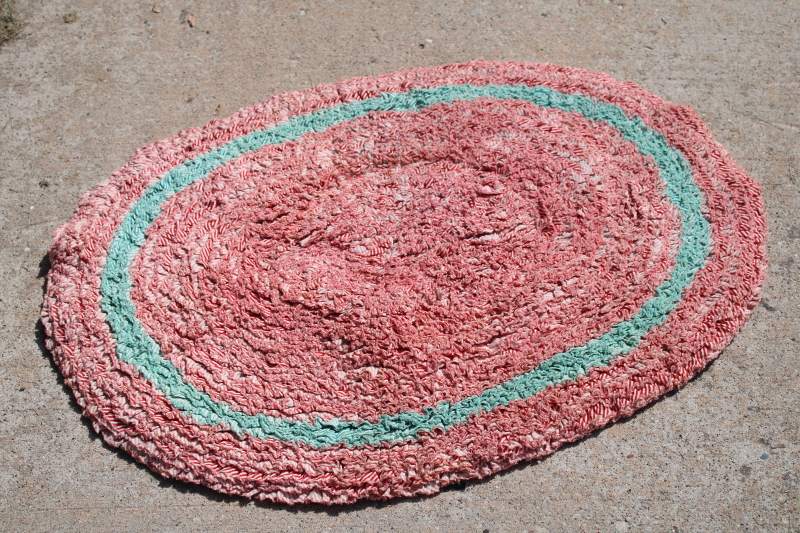 photo of 1950s vintage handmade rag rug, peppermint stripe red green white cotton shaggy soft pile #1