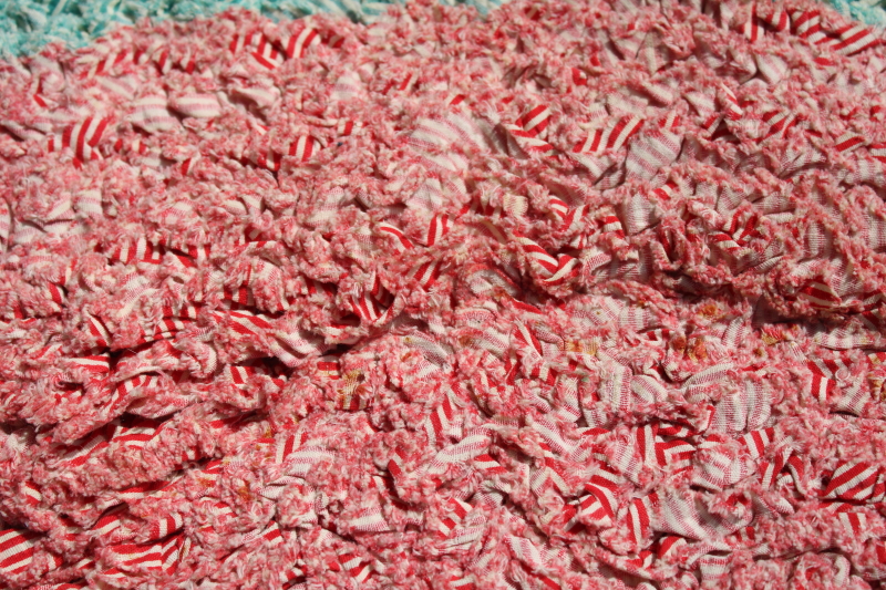 photo of 1950s vintage handmade rag rug, peppermint stripe red green white cotton shaggy soft pile #3