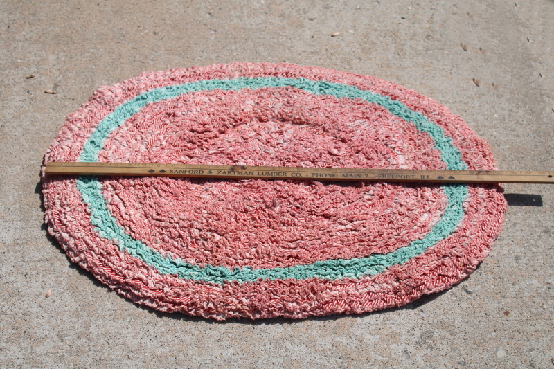 photo of 1950s vintage handmade rag rug, peppermint stripe red green white cotton shaggy soft pile #4