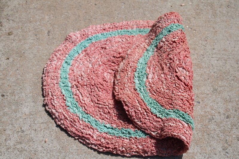 photo of 1950s vintage handmade rag rug, peppermint stripe red green white cotton shaggy soft pile #5