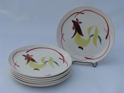 photo of 1950s vintage hand-painted rooster pottery plates, Stetson or Blue Ridge? #1