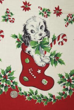 catalog photo of 1950s vintage holiday novelty border print cotton fabric, Christmas stocking with puppy