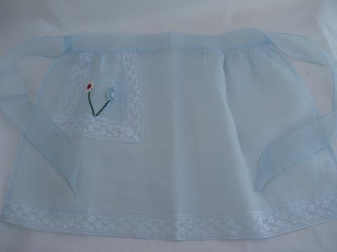 photo of 1950s vintage hostess aprons lot, sheer cotton, flowered hanky apron #2