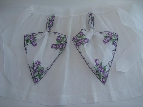 photo of 1950s vintage hostess aprons lot, sheer cotton, flowered hanky apron #4