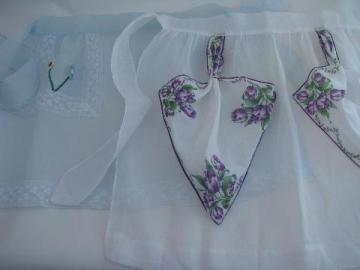 catalog photo of 1950s vintage hostess aprons lot, sheer cotton, flowered hanky apron