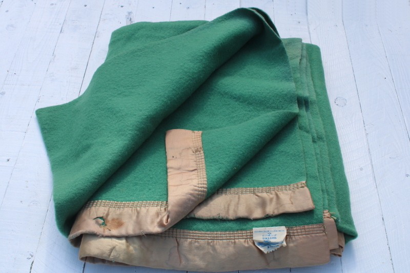 photo of 1950s vintage jade green wool blanket, thick warm winter weight bed blanket  #6