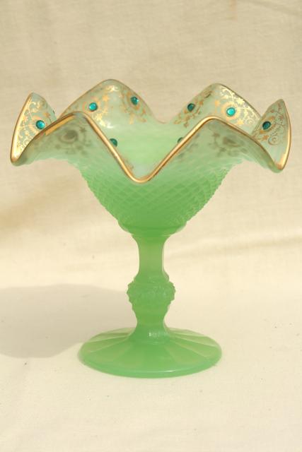 photo of 1950s vintage jadite green glass candy dish w/ hand painted gold & rhinestones #1