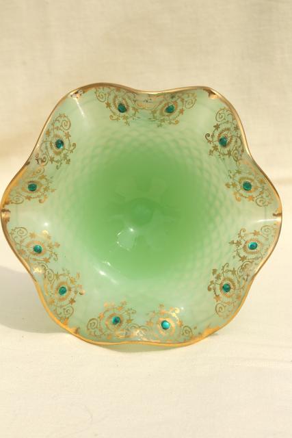 photo of 1950s vintage jadite green glass candy dish w/ hand painted gold & rhinestones #2