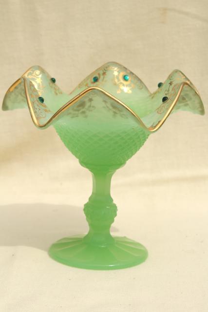 photo of 1950s vintage jadite green glass candy dish w/ hand painted gold & rhinestones #3