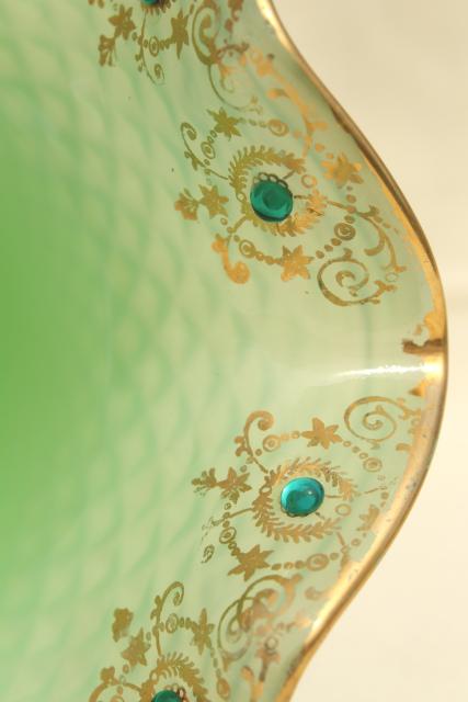 photo of 1950s vintage jadite green glass candy dish w/ hand painted gold & rhinestones #4