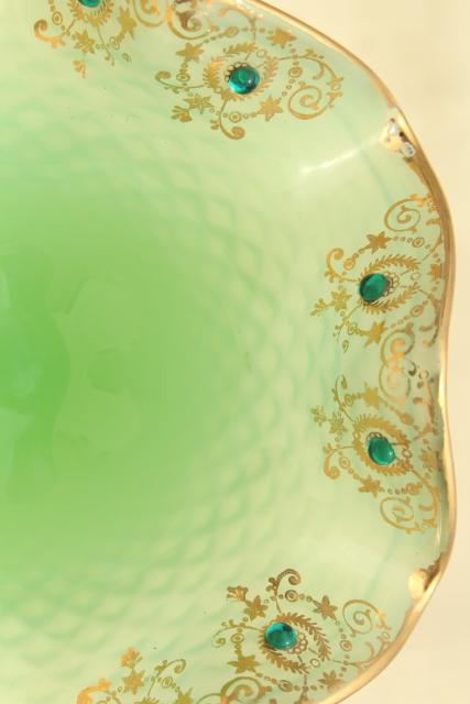 photo of 1950s vintage jadite green glass candy dish w/ hand painted gold & rhinestones #5