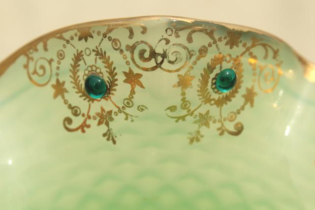 photo of 1950s vintage jadite green glass candy dish w/ hand painted gold & rhinestones #6