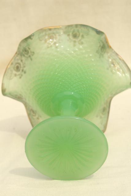 photo of 1950s vintage jadite green glass candy dish w/ hand painted gold & rhinestones #8