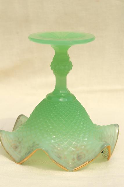 photo of 1950s vintage jadite green glass candy dish w/ hand painted gold & rhinestones #9