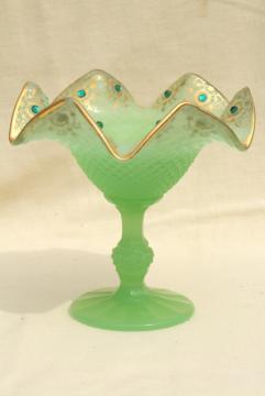 catalog photo of 1950s vintage jadite green glass candy dish w/ hand painted gold & rhinestones