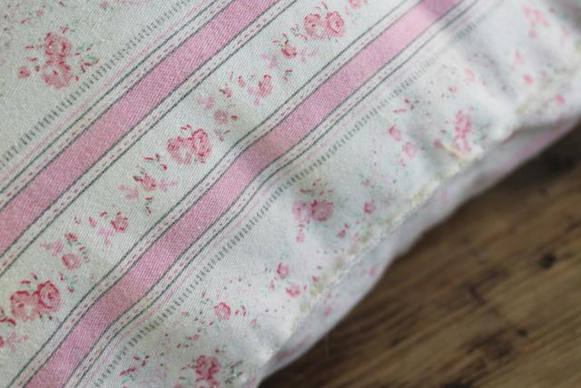 photo of 1950s vintage kapok filled bed pillow, pink & white print floral striped cotton ticking #2